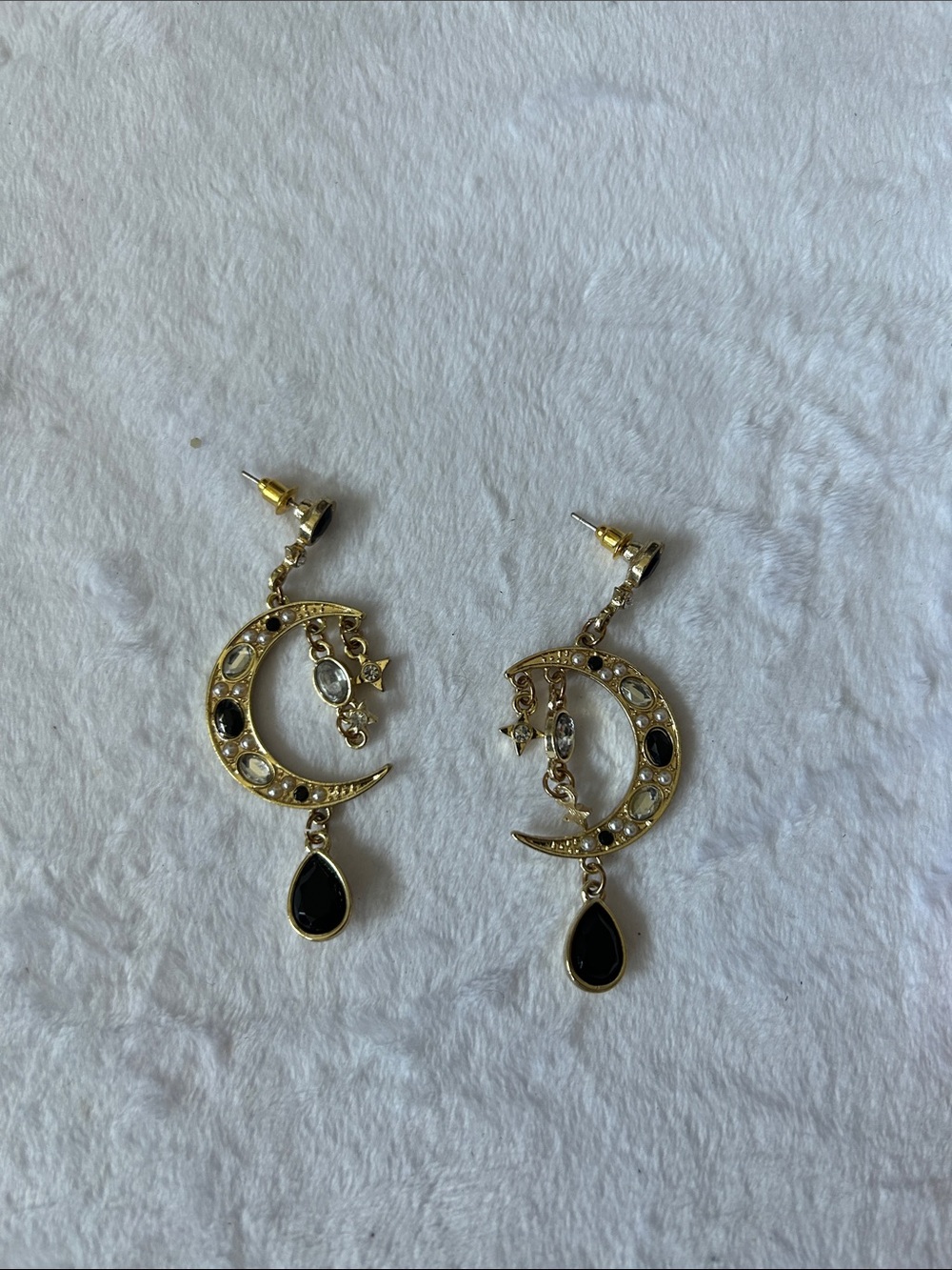 Gold Crescent Moon Drop Earrings with Black Teardrop Stones